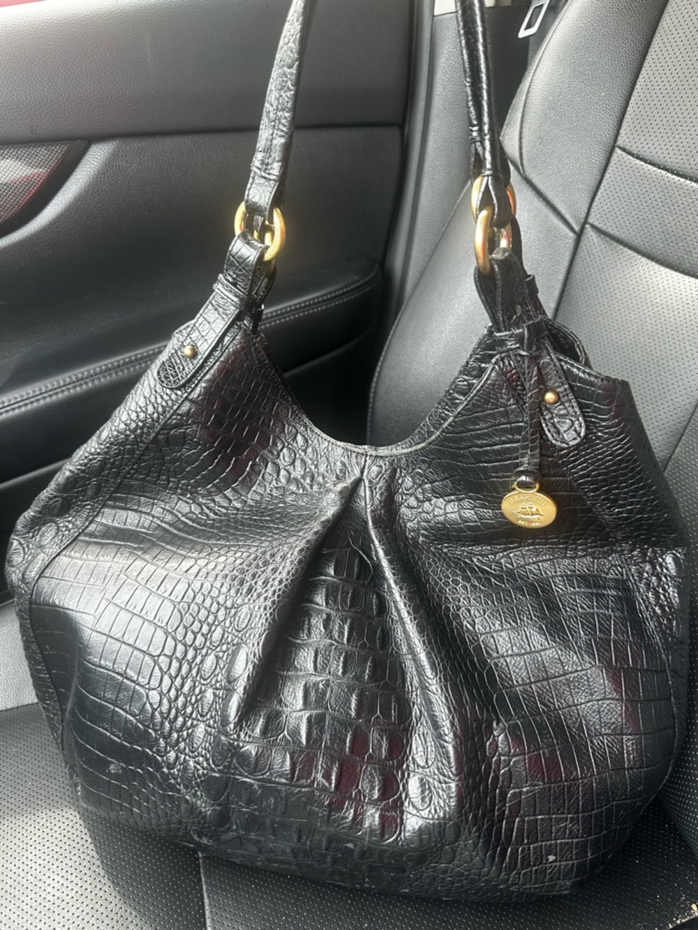 Brahmin Black Croc-Embossed Leather Shoulder Bag with Gold Hardware